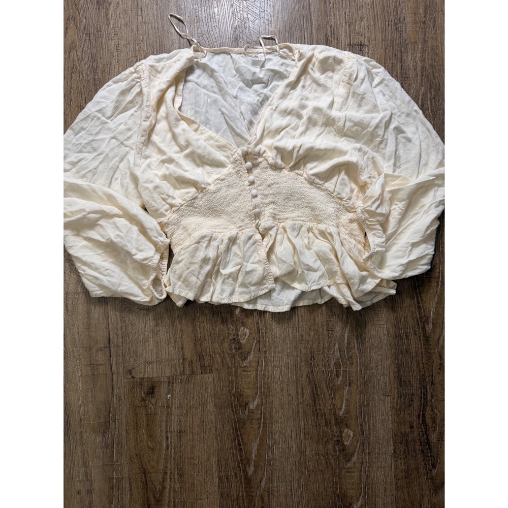 JW Style Cream Swiss Dot Smocked Ruffle Crop Top Puff Sleeve Large